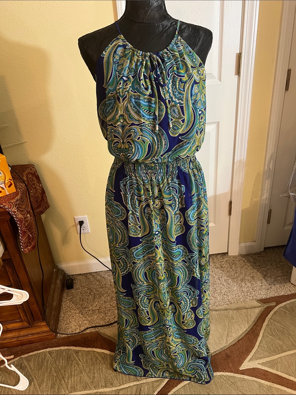 Enfocus Studio Navy Blue Paisley Halter Maxi Dress with Green and Aqua Accents